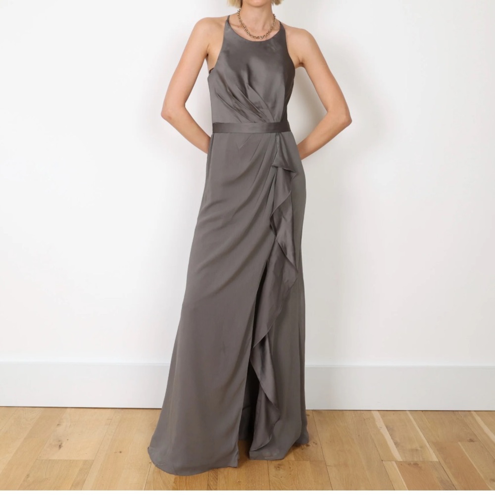 White by Vera Wang Charcoal Evening Gown Chiffon Ruffles Dress Size 12 Romantic